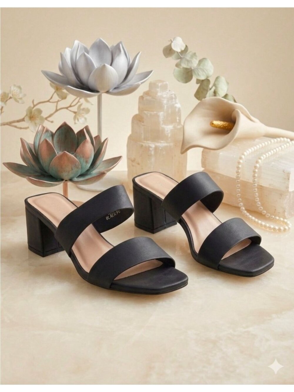 Black Block Heel Slide Sandals With Double Straps Open Toe & Square Heel Design - Picture 8 of 13